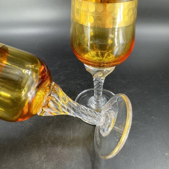 Vintage Czech Bohemian Small Goblet Drinking Glasses Set 2 Amber Clear Bottom - Picture 5 of 10